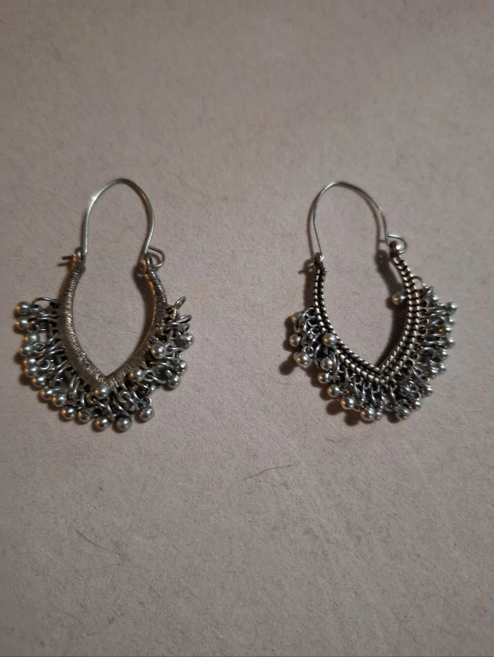 Silver Dangle Hoop Earrings with Beaded Fringe
